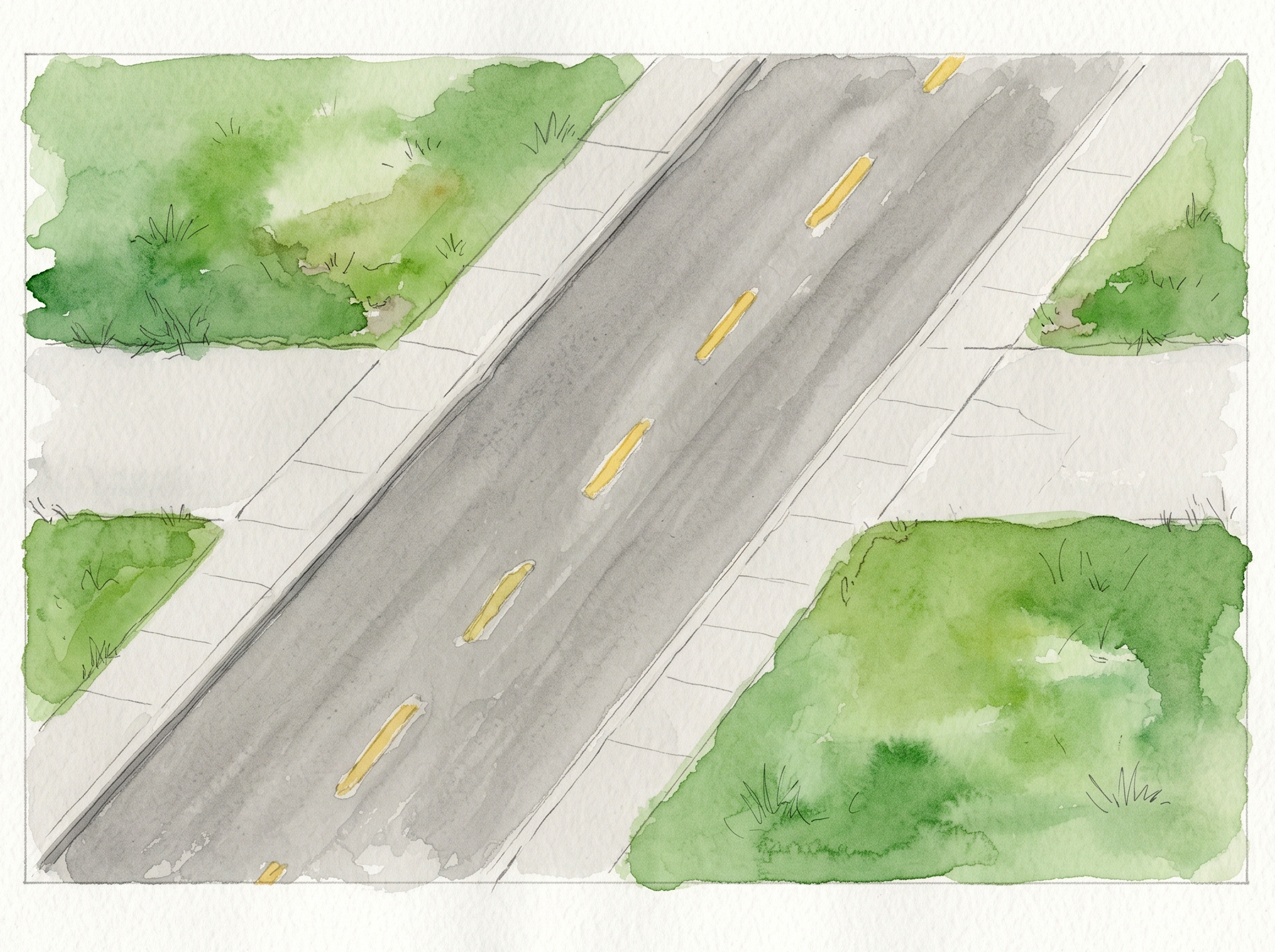 A watercolour of a trail meeting a road with no crossing of any kind